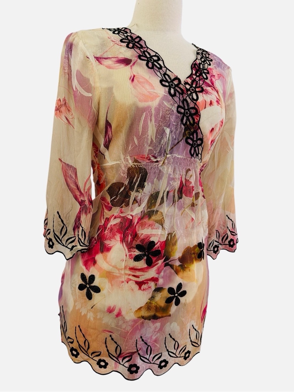 Floral Embroidered Sheer V-Neck Blouse - Lavender